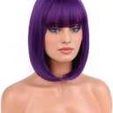 RightOn 12 Inches Dark Purple Wig Short Straight Bob Wig with Bangs Deep Purple Bob Wig for Women Daily Party Hairnet Include