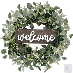 Sggvecsy Green Eucalyptus Leaf Wreath with Welcome Sign 20in Artificial Eucalyptus Wreath Spring Summer Wreath for Front Door Wall Window Farmhouse Festival Porch Patio Garden Decor