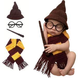 Newborn Photography Props Magic Wizard Witch Hat Scarf Wand Glasses Frame Decoration, 4 PCS Baby Halloween Photoshoot Propsy Outfits, Baby Cosplay Party Costume Supplies