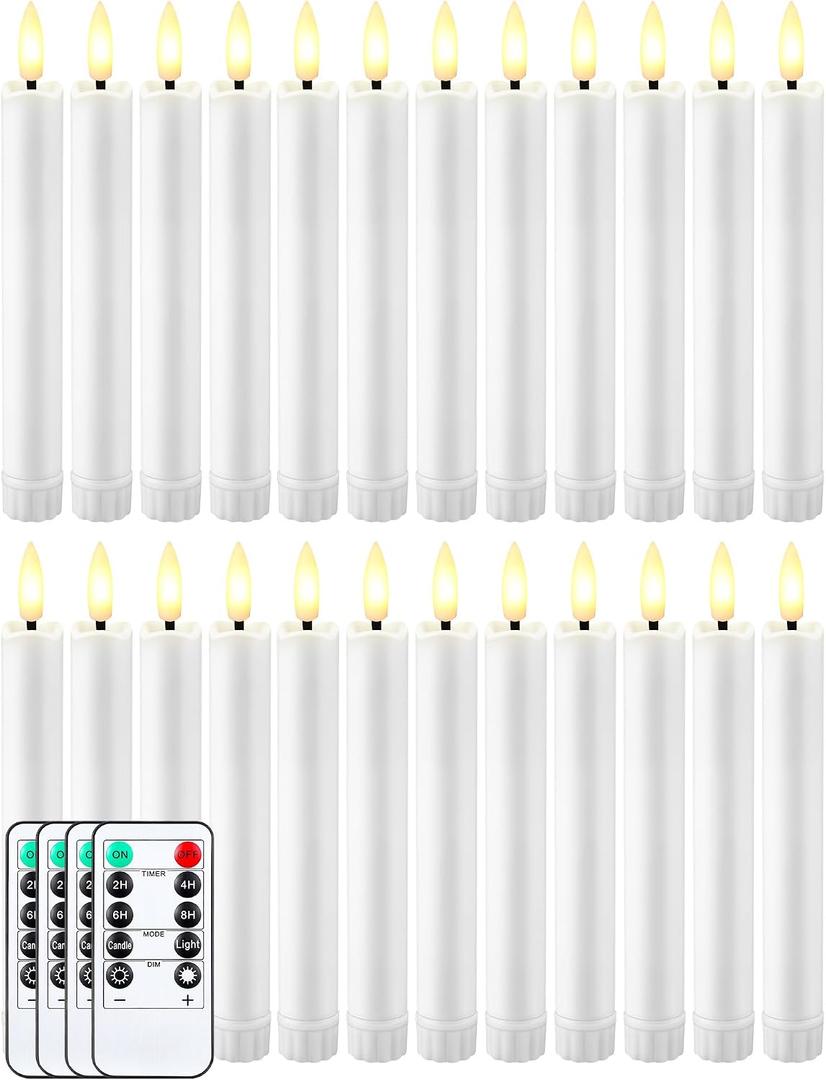 Funtery 24 Pieces 6.5" Flameless LED Taper Candles with Remote Timer Battery Operated Candles Bulk Short LED Candlestick Flickering for Graduation Mother's Day Wedding Party Decor(White,Elegant Style)
