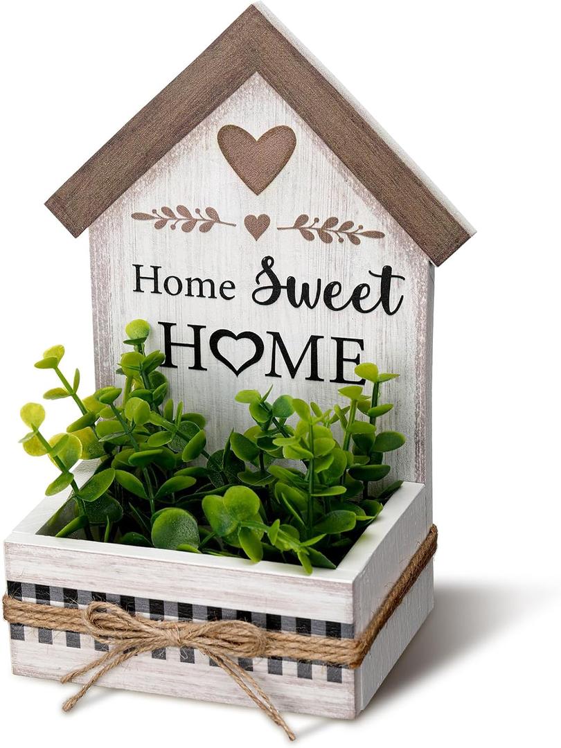 Geelin Artificial Eucalyptus Table Centerpiece Home Sweet Home House Shaped Wooden Block Sign Farmhouse Rustic Decor for Desk Table Shelf Kitchen, New House Decoration, Housewarming Gift