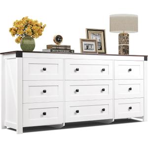 WLIVE Farmhouse Dresser for Bedroom, 63" Wide 9 Drawer Dresser Storage Organizer, Wood Chest of Drawers for Bedroom, TV Stand for 70 inch TV, for Living Room, Hallway, Ball Bearing Slide (White)