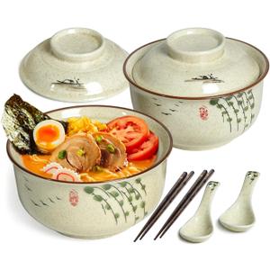 Ceramic Ramen Bowl Set of 2, Ramen Noodle Bowl with Lid 27oz Japanese Retro Style Soup, Pho, Udon Bowls, Matching Spoons and Chopsticks for Microwave & Dishwasher Safe, Twig