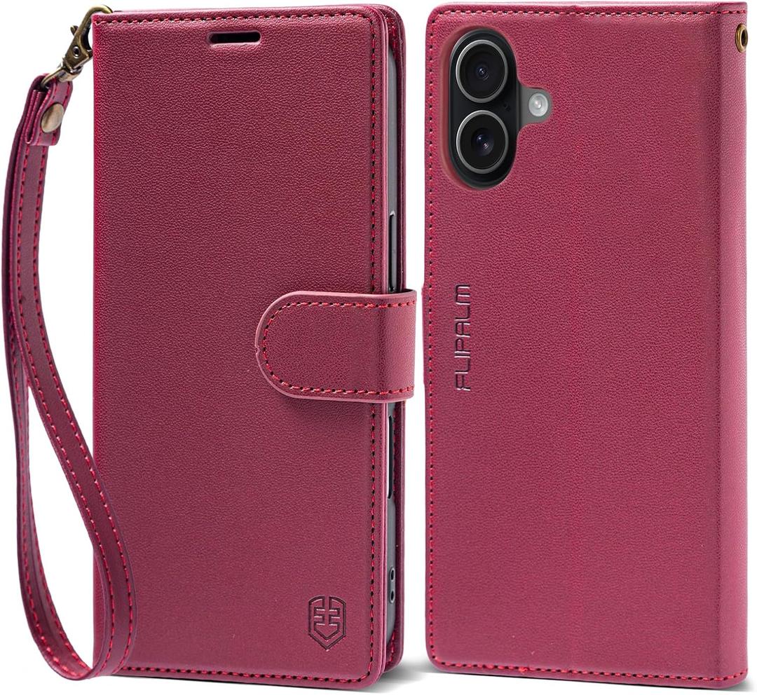 FLIPALM Wallet Case for iPhone 17 Series with Wrist Strap - PU Leather Folio Flip with Credit Card Holder & Kickstand, Protective Cover (Red, for iPhone 17)