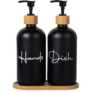 17 oz Hand Soap Dispenser Empty Glass Lotion Pump Bottles, Refillable Liquid Dish Soap Bottles for Bathroom, Kitchen Sink, Black, 2 Pack