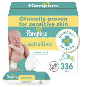 Pampers Baby Wipes, Sensitive, Water Based Wipe, Clinically Proven, Hypoallergenic, and Unscented for Babies, 336 Wipes Total (4 Flip-Top Packs)