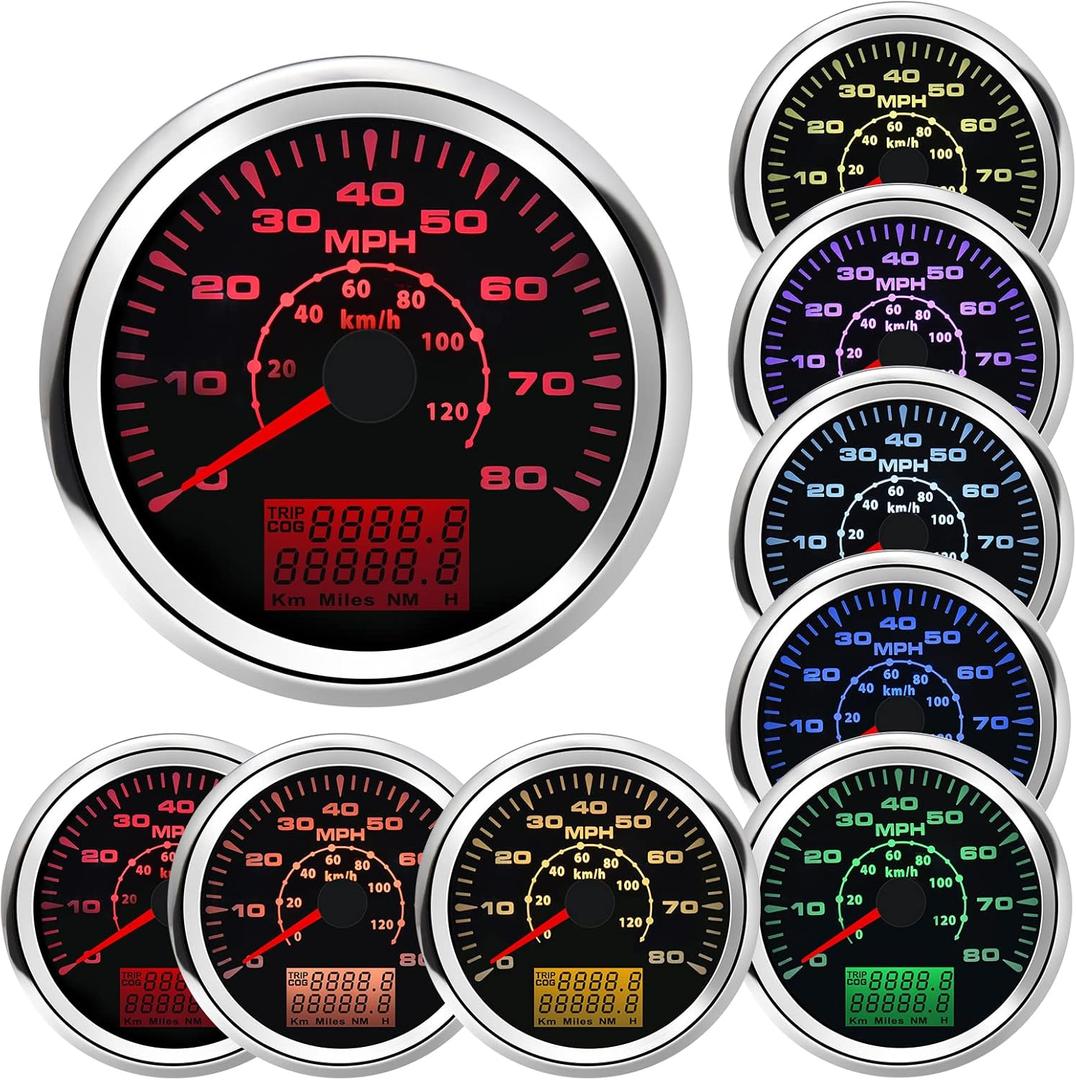 Geloo 85MM Boat GPS Speedometer Gauge - MPH & KM/H Speedometer, Waterproof Odometer for Car, Truck, Boat & Motorcycle - 7 Color Backlight, 9-32V (80 MPH Silver)