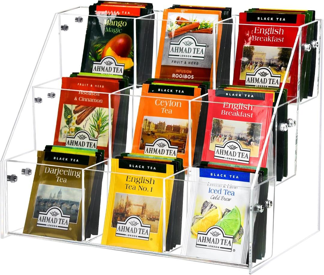 Tea Bag Organizer Holder, Acrylic Tea Packets Storage Box Container Display Stand Rack for Counter Cabinet Countertop Kitchen Office, 3 Tier (3 Tier: 10.4" L X 5.3" W X 7.6" H)