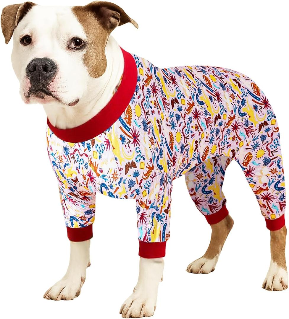 LovinPet Pitbull Pajamas Large Size Dog Boy, Pet Anxiety Relief Shirt,Anti Licking Dog Surgery Recovery Suit,Stretchy Skin,Friendly Fabric,Wild Outback Print, Recovery Suit Dogs,XL (Red)