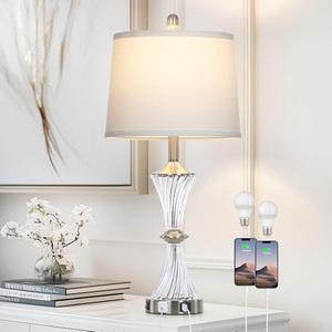 Rinweey Crystal Glass Table Lamp with USB C+A Ports & AC Outlet, White Clear Modern Bedroom Lamp,Silver Lamp for Living Room, Nightstand Lamp LED Bulbs Included, Single Silver
