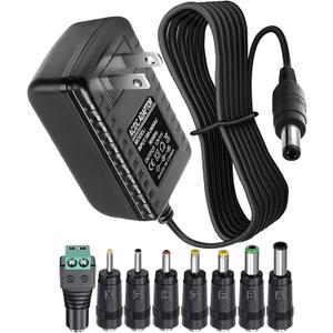 12V 2A 1A Power Supply AC Adapter with 8 Tips, Regulated 12 Volts 2000mA Replacement Charger Cord Cable for LED Strip Light, CCTV Camera, BT Speaker, GPS, Webcam, Router, DC 12V Converter (6ft)