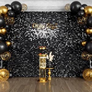 Black Shimmer Wall Backdrop 48PCS, Black Back Not See-Through Design, Square Sequin Glitter Backdrop Panel, Perfect for Outdoor Events, Birthdays, Wedding and Party Decoration