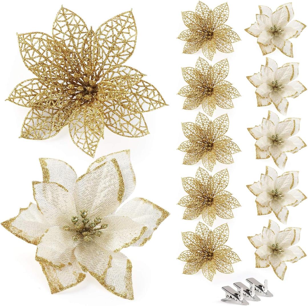 ilauke 24Pcs Gold Poinsettias Artificial Christmas Flowers, 6" Glitter Artificial Christmas Flowers with 30 Clips, for Xmas Tree Decorations Wedding Party Fireplace Stairs Decor