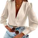 Women's Business Casual Tops Summer Long Sleeve Button Down Shirts V Neck Chiffon Blouses (Beige), Large