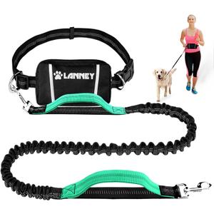 LANNEY Hands Free Dog Leash, Waist Running Leash with Zipper, Walking Pouch for Medium Large Dogs, Dual Handle and Retractable Bungee for Training Jogging Hiking(25-120 lbs, Teal)