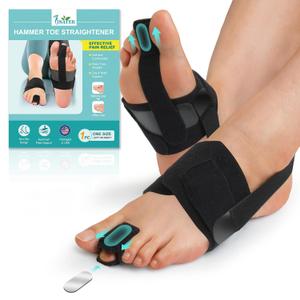 Hammer Toe Straightener for Women & Men - Non-Slip Hammer Toe Corrector, Adjustable Toe Splint for Hammer Toe, Curled Toes, Crooked Toes, Broken toe Support - Day & Night Relief (1 Compression Foot Wrap & 1 Strap) (Black)