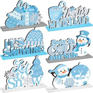 6 Pcs Christmas Table Decoration Winter Snowflake Snowman Wooden Centerpieces Wonderland Decor for Winter It's Snow Theme Christmas Birthday Baby is Cold Outside Party Supplies(Blue)