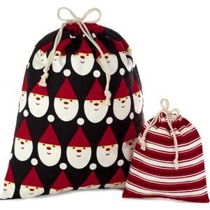 Hallmark Drawstring Christmas Gift Bag Set (2 Fabric Bags with Drawstrings; 1 Medium 10", 1 Extra Large 20") Santa, Red and White Stripe, 5XGB4902