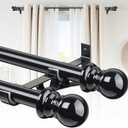 Double Curtain Rod 28-42 Inch, 1 Inch Heavy Duty Adjustable Drapery Rod Set with Brackets, Decorative Curtain Rod for Sheer, Blackout Curtains, for Kitchen Bedroom Living Room Windows -Black