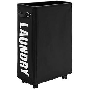 DOKEHOM 25-Inches Slim Laundry Basket on Wheels, Collapsible Rolling Laundry Hamper, Foldable Narrow Corner Clothes Storage Bins (Black)