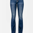 Miss Me Women's Mid-Rise Bootcut Jeans, Blue and White Stitch Border with Faux Flap Pockets, Bootcut Stretch Denim Jeans 28