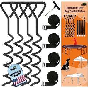 Eurmax USA Trampoline Stakes Heavy Duty Trampoline Parts Corkscrew Shape Steel Stakes Anchor Kit with T Hook for Trampolines -Set of 4 Bonus 4 Strong Belt,Black