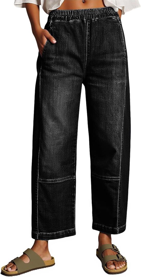Cicy Bell Womens Baggy Cropped Jeans Elastic High Waisted Wide Leg Trendy Stretchy Seam Barrel Capri Denim Pants (Black)