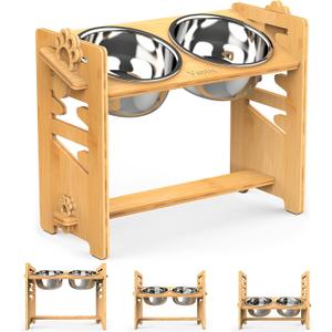 Vantic Elevated Dog Bowls, Adjustable Raised Dog Bowl Stand for Large and XLarge Pet, Sturdy Bamboo Food Feeder with 2 Stainless Steel Dishes, Natural