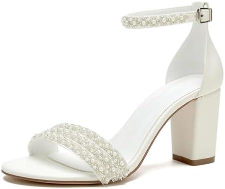 Deidach Women's Open Toe Chunky Block Heel Pumps Ankle Buckle Wedding Shoes Pearls Evening Party Dress Shoes Sandals Size: 8.5