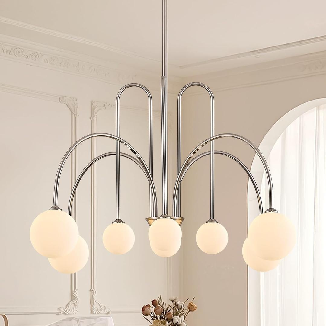Nickel Sputnik Chandelier with Milk Glass Globe 8 Lights L41 Inch, Large- 41”