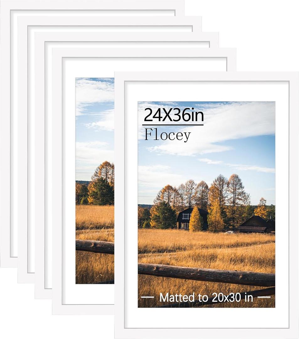 24x36 Picture Frame Set of 5, White Poster Frame, Display Pictures 20 x 30 with Mat or 24 x 36 Without Mat for Horizontal or Vertical Wall Mounting, Wall Gallery Frame for Artwork, 24x36-5PACK