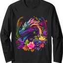 Watercolor Dragon Flowers Beautiful Art Colorful Graphic Long Sleeve T-Shirt, Large
