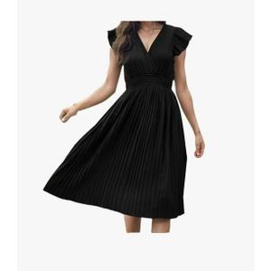 Women's V-Neck Pleated Dress Adjustable Elastic Waistband Back Tie Casual Office Date Dress. Size M