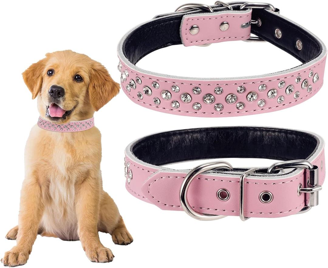 Rhinestones Pet Dog Collars Adjustable Sparkly Crystal Studded Genuine Leather Pet Collar for Small and Medium Dog 1" Wide (pink), Size: L(neck 14.5-18" )