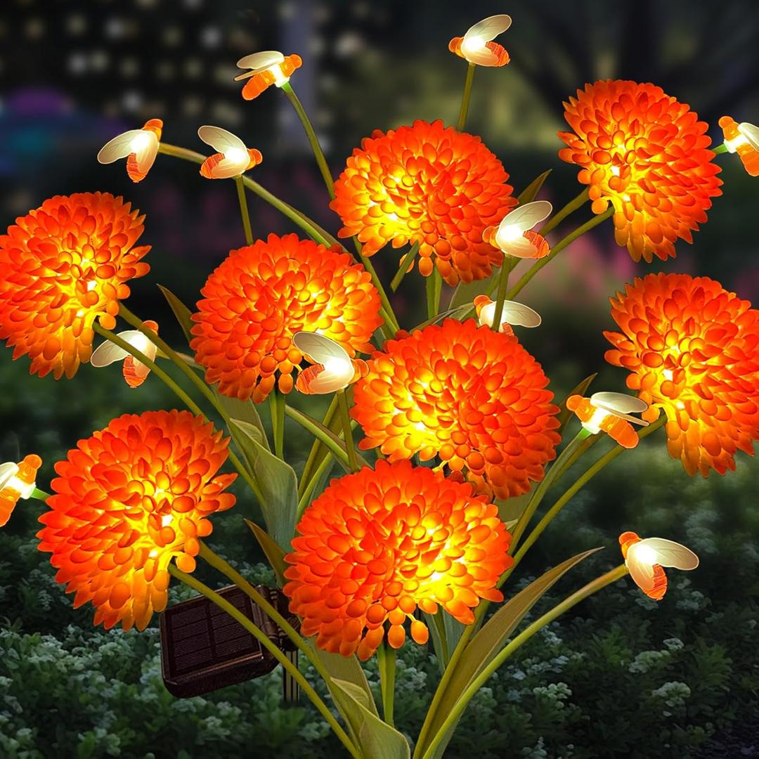 Solar Garden Lights, 4 Pack Solar Swaying Bee Lights with Flowers, Waterproof Firefly Light Outdoor for Garden Patio Yard Pathway Fall Decoration Gifts for Women Mother's Day (Orange)
