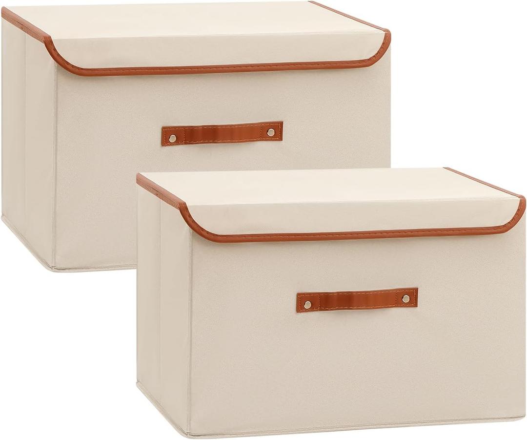 Tuza 4-Pack Large Fabric Storage Bins with Lids, Foldable Storage Boxes with Lids for Organizing, Decorative Storage Boxes with Handles for Home, Bedroom, Closet, Office(Khaki, Medium)