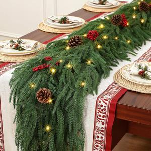2PCS 9FT Prelit Christmas Garland, Realistic Green Norfolk Pine Garland with Lights Battery Operated for Mantle Stairs Railing Fireplace Table Indoor Xmas Decor