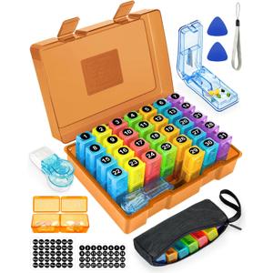 Monthly Pill Organizer 2 Times a Day  Yonlog Large Medicine Box with Weekly Travel Bag, Pill Cutter, Easy-Open Pick, Pill Taker Tool, and 2 Medication Stickers (Tea, 2 Times a Day)