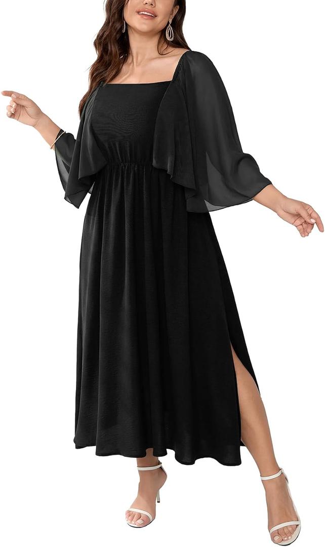 Womens Plus Size Cocktail Party Dress Square Neck Flutter Sleeve Split Elegant Formal Flowy A Line Maxi Dresses 2XL