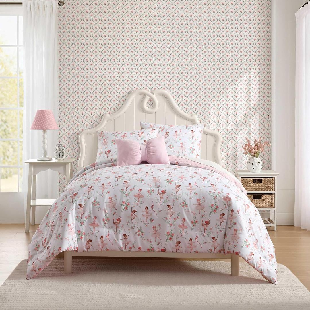 Laura Ashley - Kids Comforter Set, 100% Super Soft Toddler Bedding with Matching Shams & Bonus Decorative Pillow, Ideal Girl Room Essentials (Ballerina Divas Pink, Full/Queen)