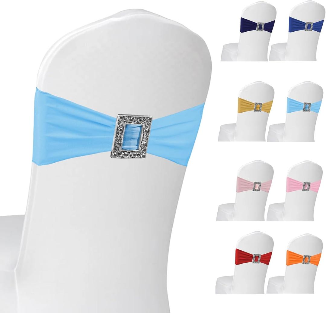 100 Pack Spandex Stretch Chair Sashes Bows Elastic Chair Cover Bands Ties with Buckle Slider for Wedding Party Banquet Restaurant Baby Shower Chairs Decorations (Baby Blue)