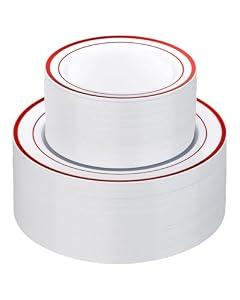 Goodluck 200 Pack Red Rim Plastic Plates - 100 Dinner Plates (10.25") & 100 Dessert Plates (7.5") - Heavy Duty Disposable White Plates with Elegant Red Trim - Premium Dinnerware Set for Wedding