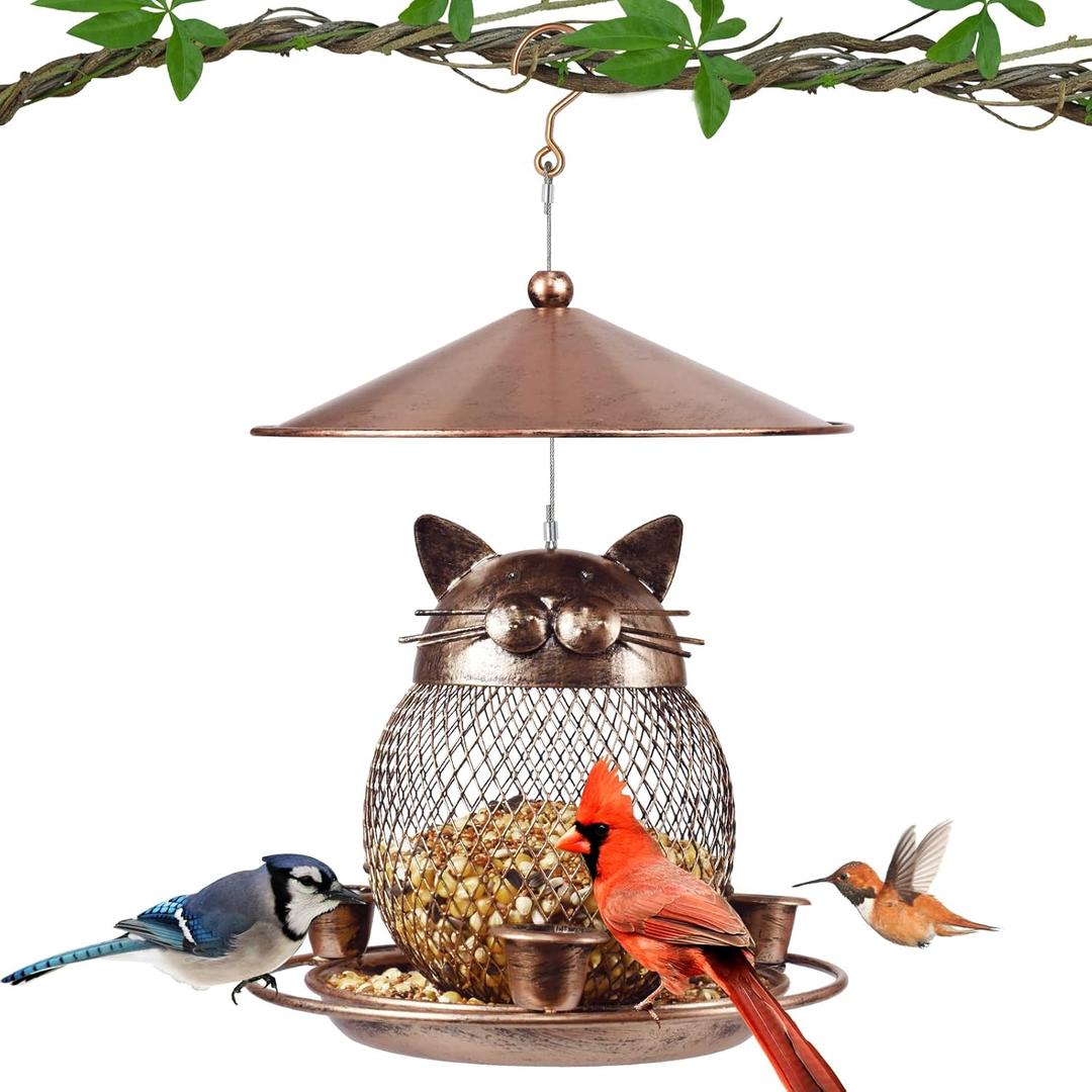 LBTING Bird Feeder for Outdoor, Squirrel Proof Metal Wild Bird Feeder Decoration for Hanging Outside Garden Yard, Cute Cat-Shaped