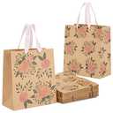 Juvale 24 Pack Kraft Paper Floral Gift Bags with Pink Ribbon Handles - 2 Designs, For Themed Party Favors, Mother's Day, Weddings, Birthdays - 8x4x9 Inches Gift Bags With Handles