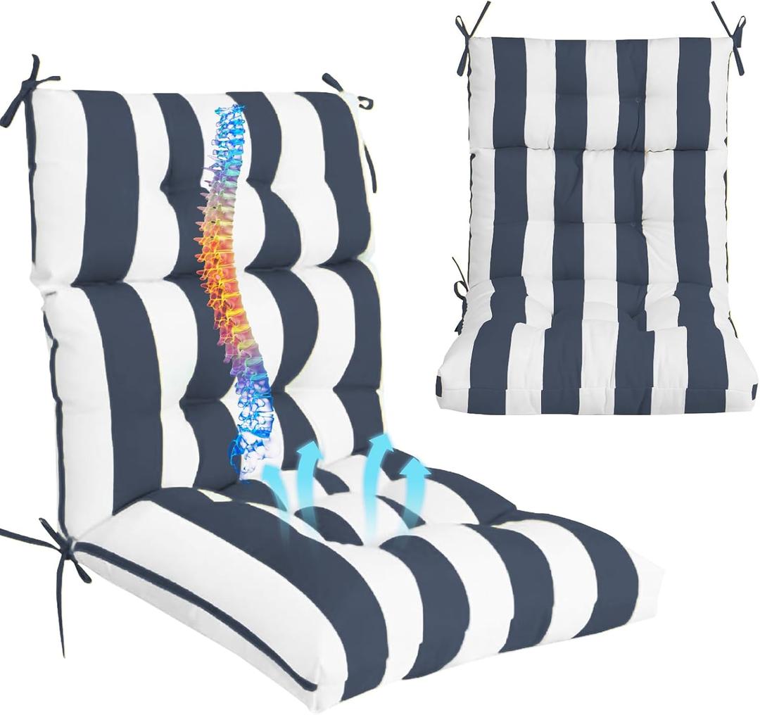 Outdoor High Back Chair Cushions 2-Pack, 44"x22"x 4" Fade-Resistant Waterproof Tufted Pads with Ties for Patio Rocking & Adirondack Chairs (Navy Blue White), 44 inches by 22 inches by 4 inches