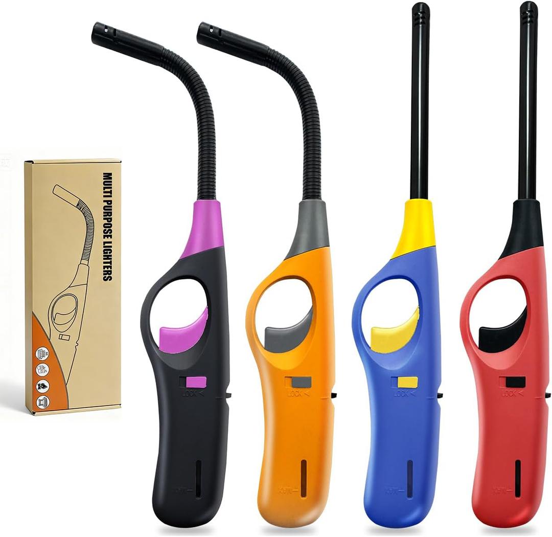 Long Lighters Candle Lighters, 4 Pcs Flexi & Straight Wand Refillable Butane Lighter for Camping Fireplace Party BBQ Grill (Without Fuel)