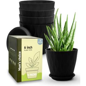 6 Inch Indoor Planter Pots with Drainage Hole and Tray Saucer,Flower Pots for Indoor Outdoor Garden Plants and Flowers, Multicolor, 5 Packs (Black)