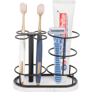 HarJue Toothbrush Holder Stand for Bathroom, Metal Toothbrush Organizer with Marble Base, Toothbrush Storage Collection for Family, Suitable for Home Hotel Countertop Vanity (Medium, Matte Black)