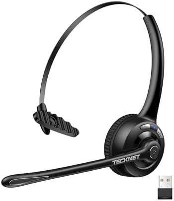 TECKNET Wireless Headset, Bluetooth Headphones with Noise Cancelling Microphone for Trucker, Hand Free Wireless Headset with Mute Mic