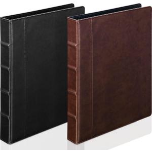 Marspark 2 Pcs Vintage Hardback 3 Ring Binder Professional Leather Binder Organizer Round Rings Holds 200 Sheets with 2 Inner Pockets(1.5 Inch,Brown, Black)